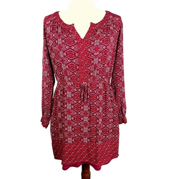 ALYA TRIBAL BOHO LONG SLEEVE TIE WAIST MINI DRESS‎ RED SIZE MEDIUM - Picture 1 of 13